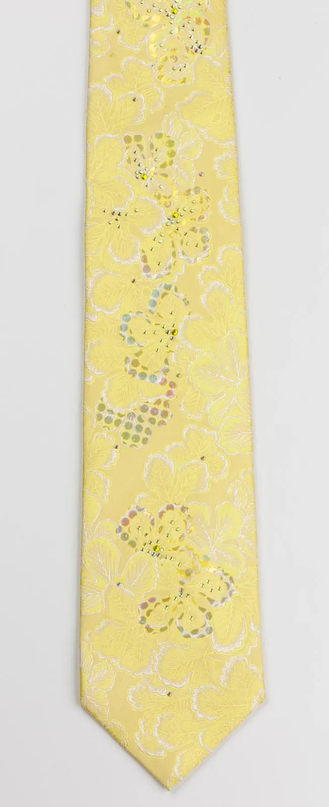 Pierre Cardin Men's Woven Silk Rhinestone Necktie Yellow Leaves On White