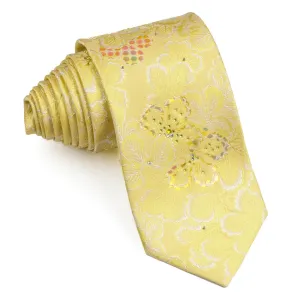 Pierre Cardin Men's Woven Silk Rhinestone Necktie Yellow Leaves On White
