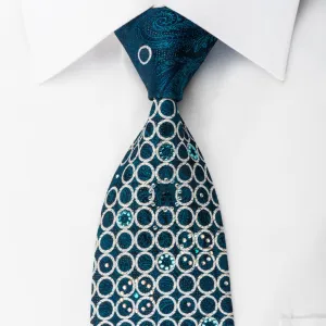 Pierre Cardin Rhinestone Necktie Silver Circles & Turquoise Paisley On Navy With Sparkles
