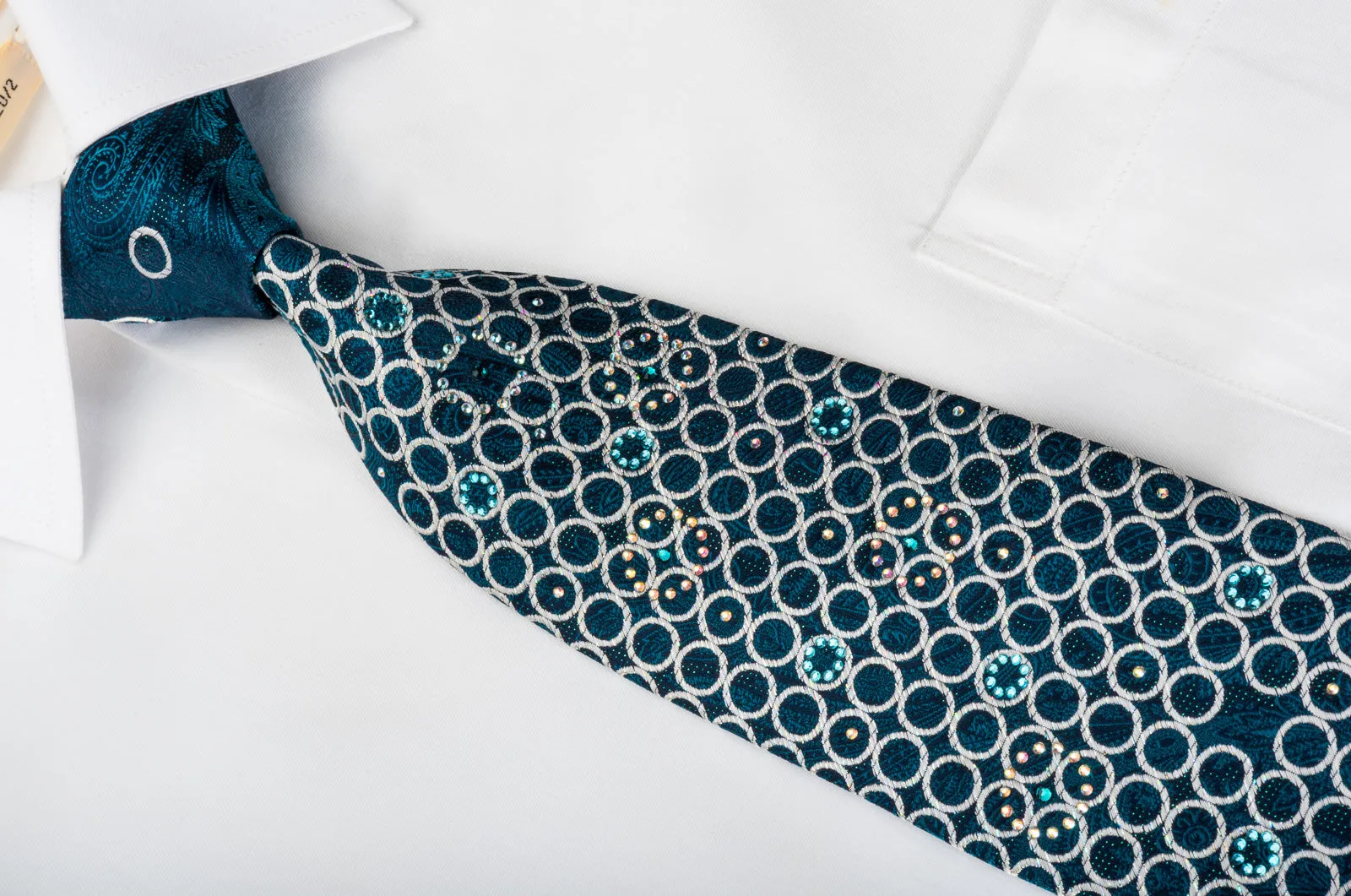 Pierre Cardin Rhinestone Necktie Silver Circles & Turquoise Paisley On Navy With Sparkles