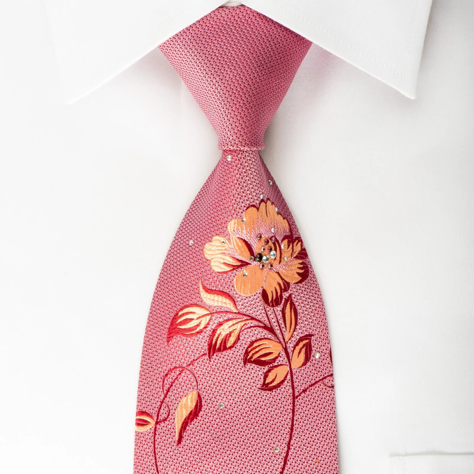 Pierre Cardin Rhinestone Silk Necktie Floral On Pink With Sparkles