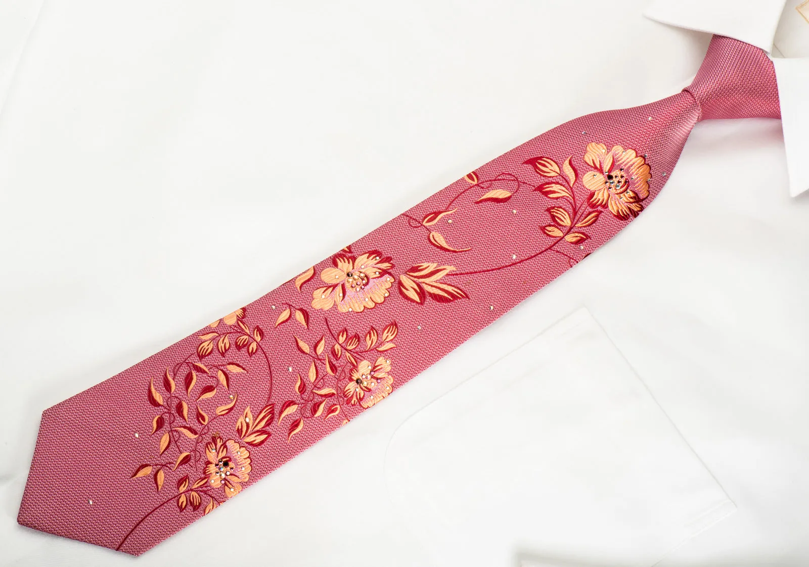 Pierre Cardin Rhinestone Silk Necktie Floral On Pink With Sparkles