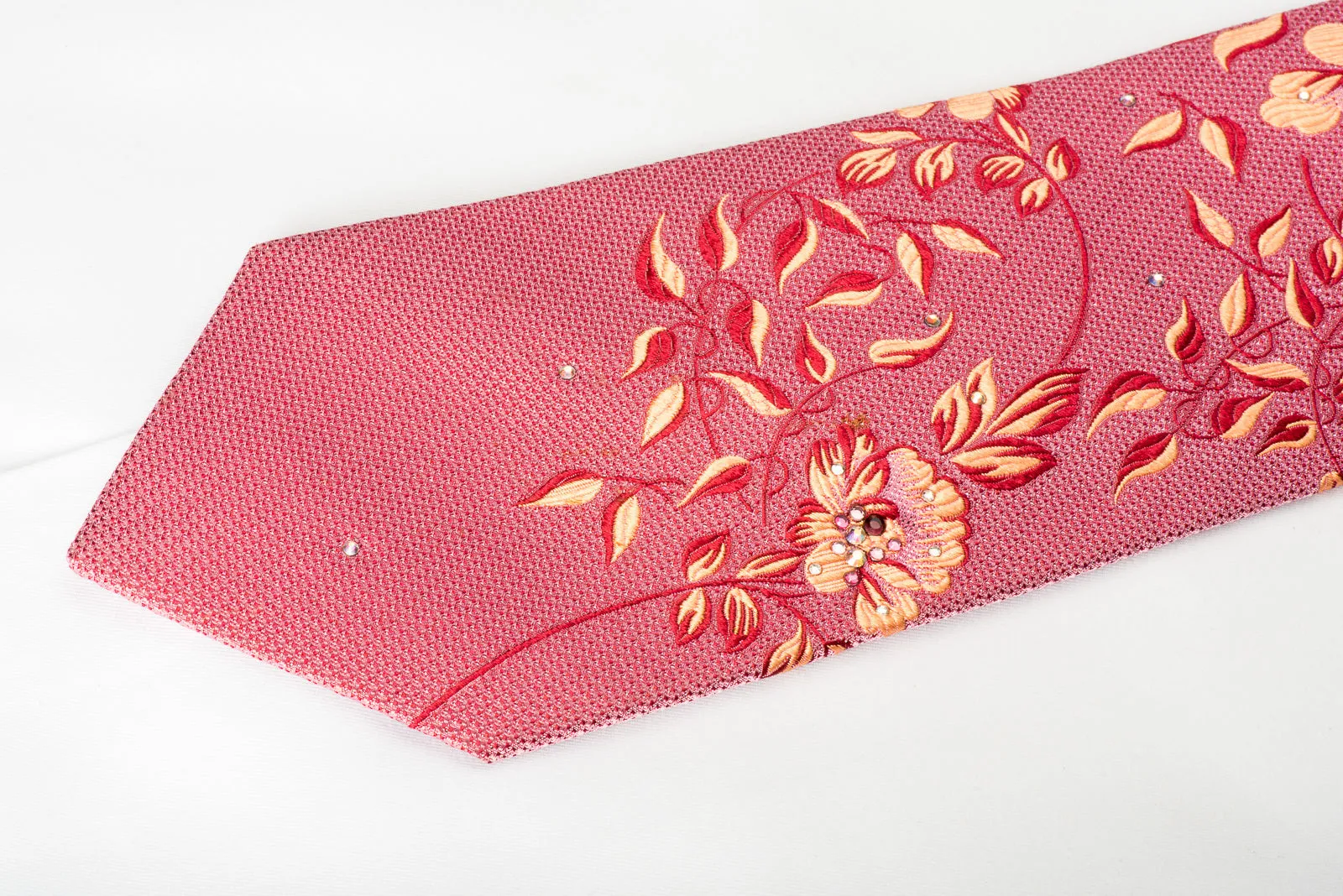 Pierre Cardin Rhinestone Silk Necktie Floral On Pink With Sparkles
