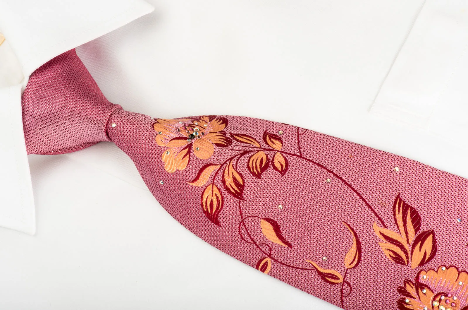 Pierre Cardin Rhinestone Silk Necktie Floral On Pink With Sparkles