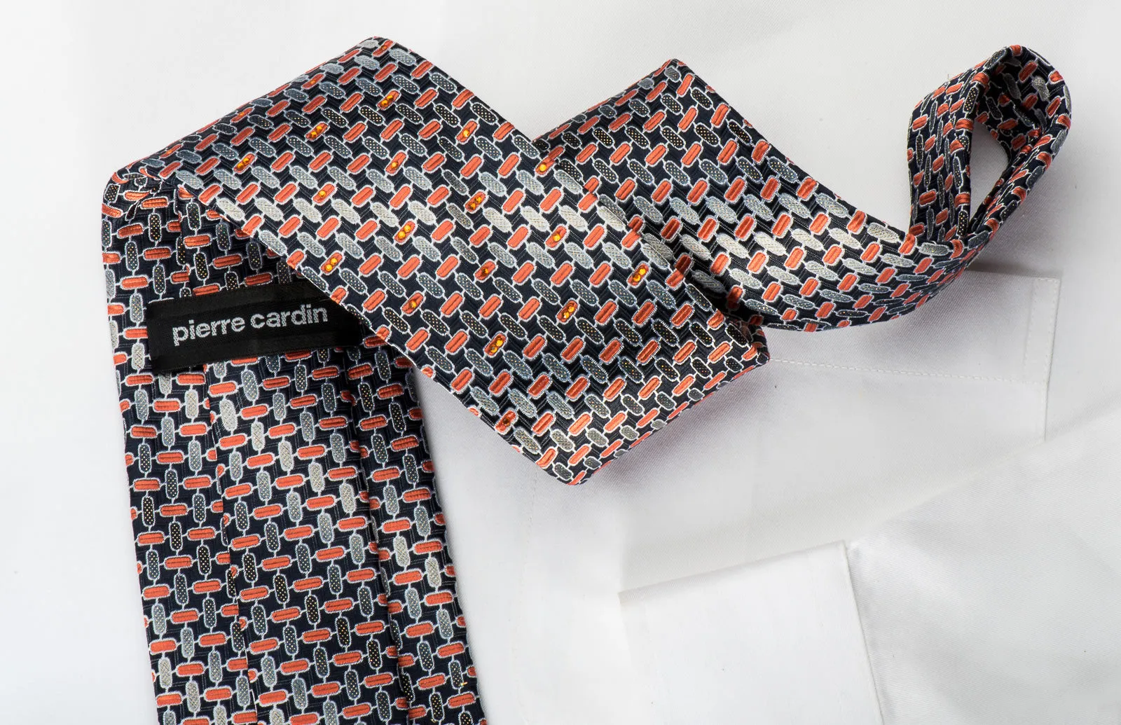 Pierre Cardin Silk Necktie Silver Orange Geometric & Trellis On Navy With Rhinestones & Sparkles