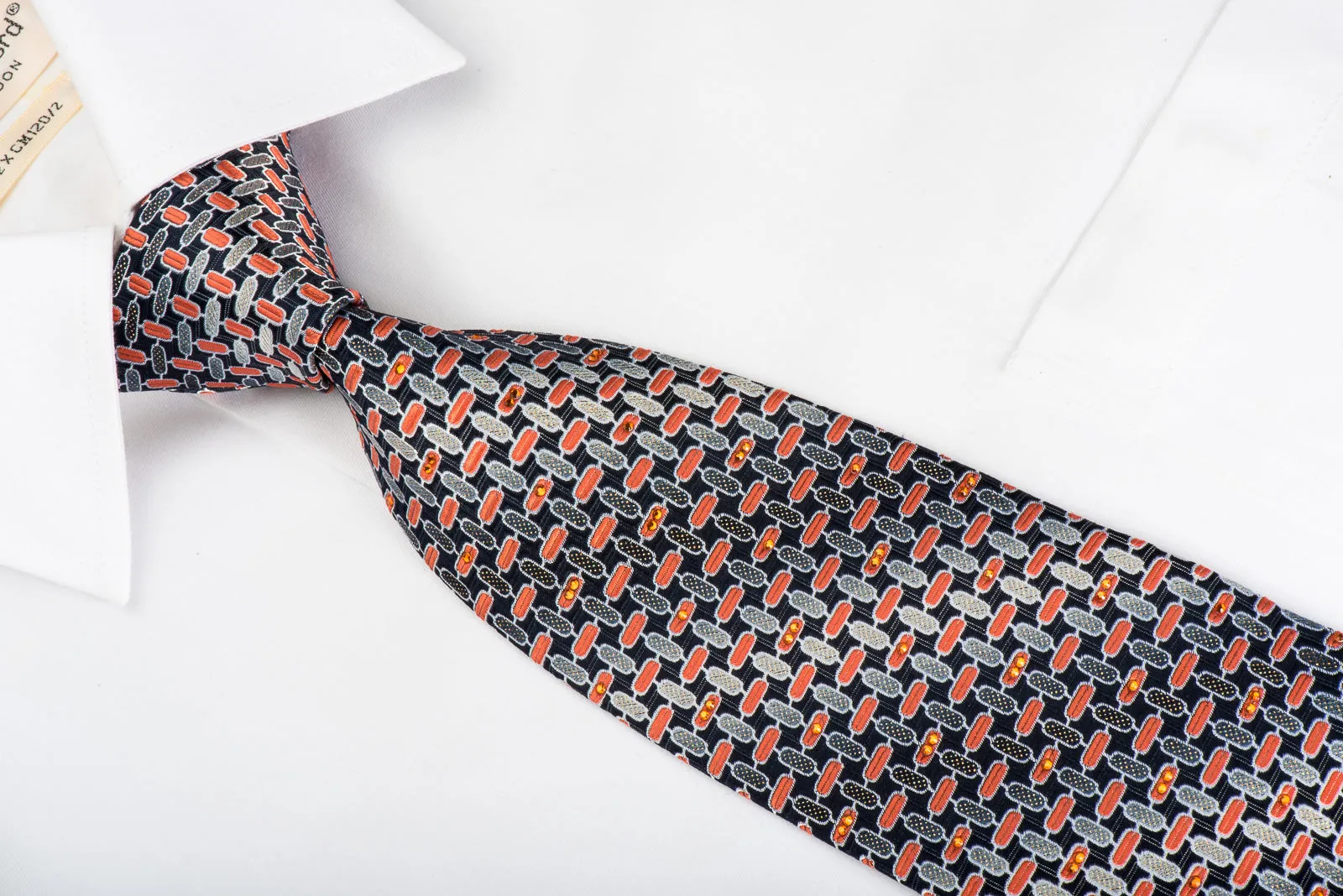 Pierre Cardin Silk Necktie Silver Orange Geometric & Trellis On Navy With Rhinestones & Sparkles