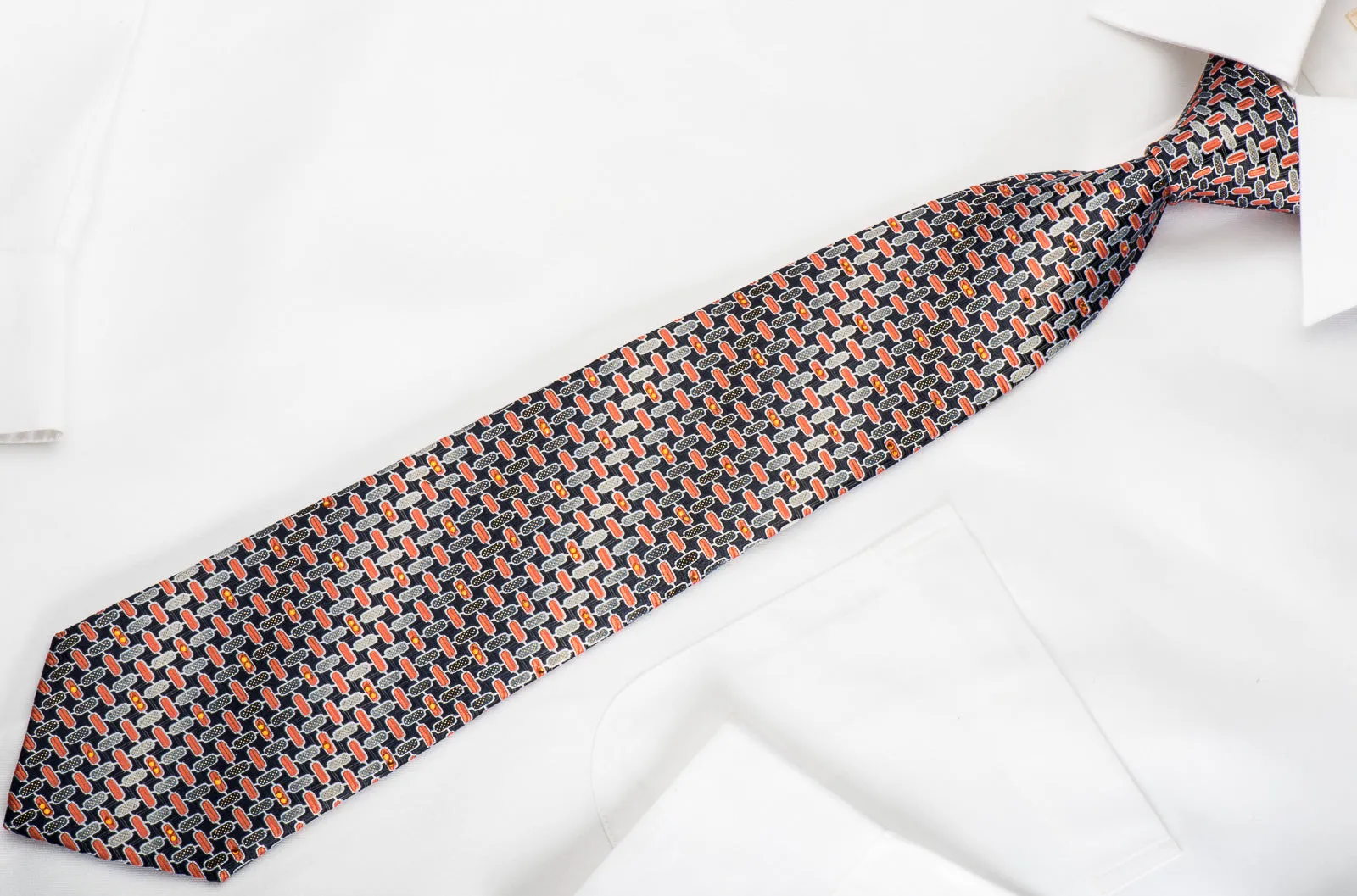 Pierre Cardin Silk Necktie Silver Orange Geometric & Trellis On Navy With Rhinestones & Sparkles
