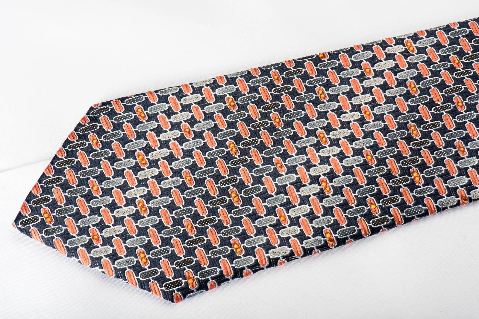 Pierre Cardin Silk Necktie Silver Orange Geometric & Trellis On Navy With Rhinestones & Sparkles