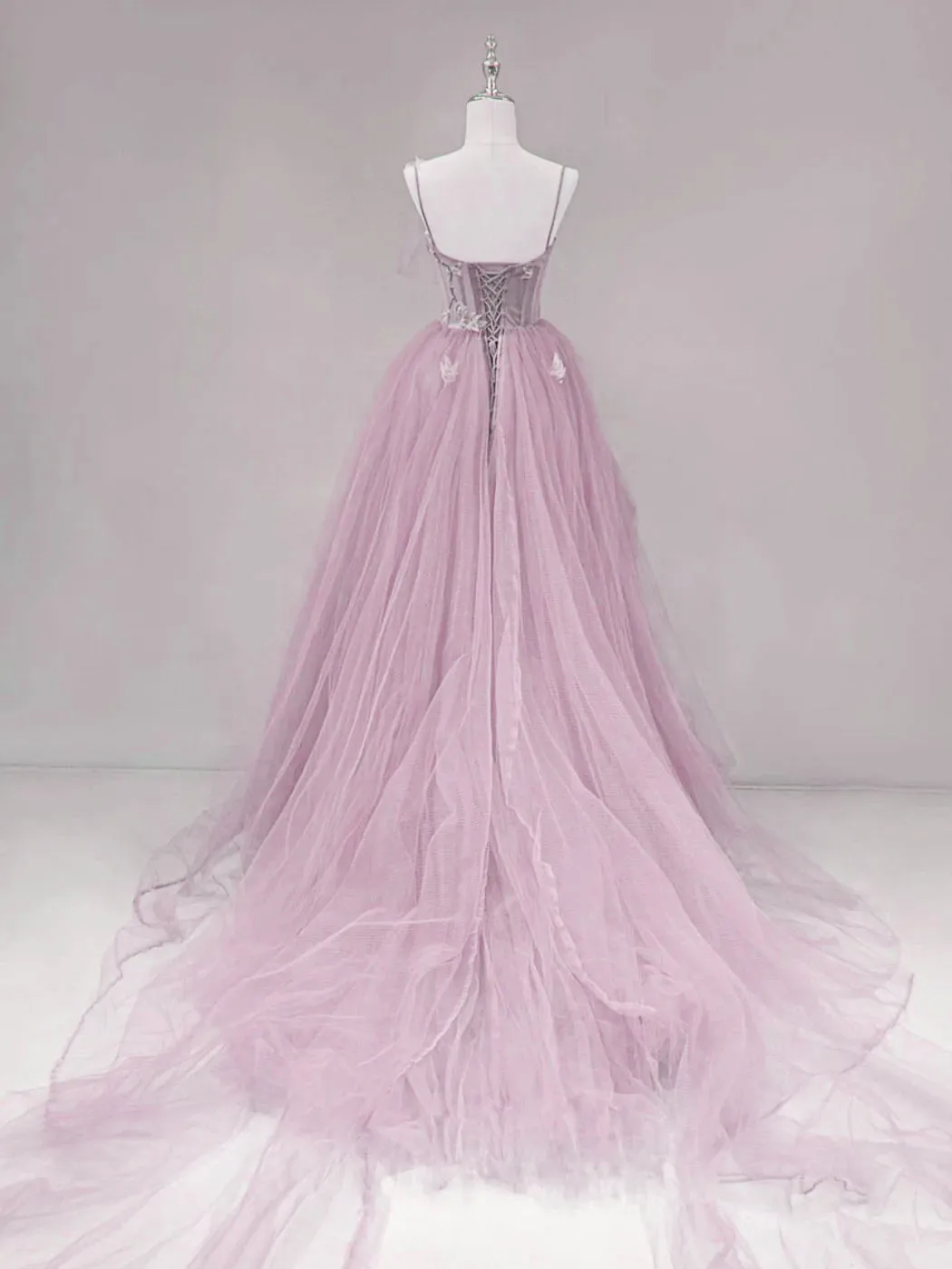 Pink Straps Tulle Chic Long Party Dress Formal Dress, Pink A-line Prom Dress