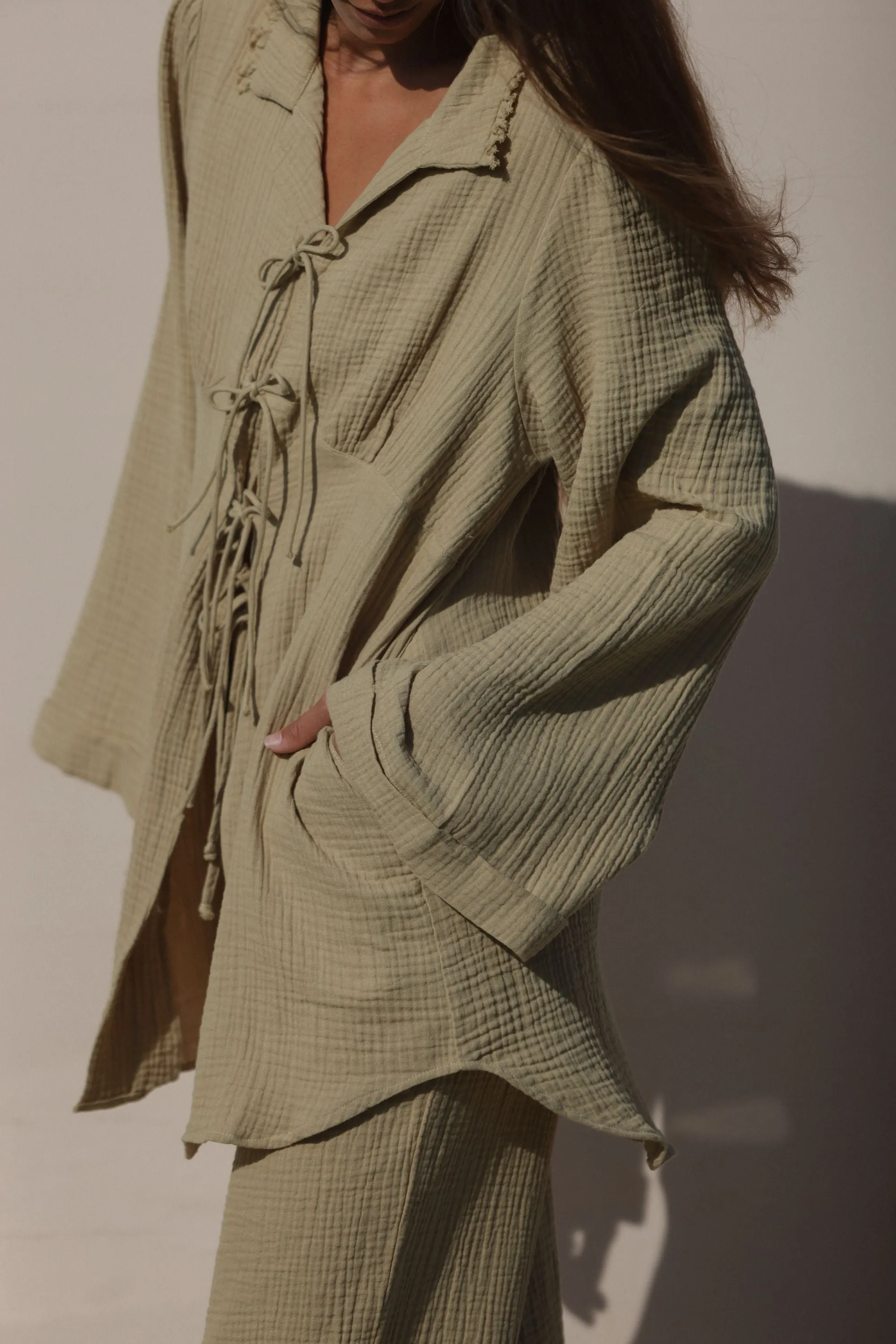 Poema Tan Collared Tie Blouse