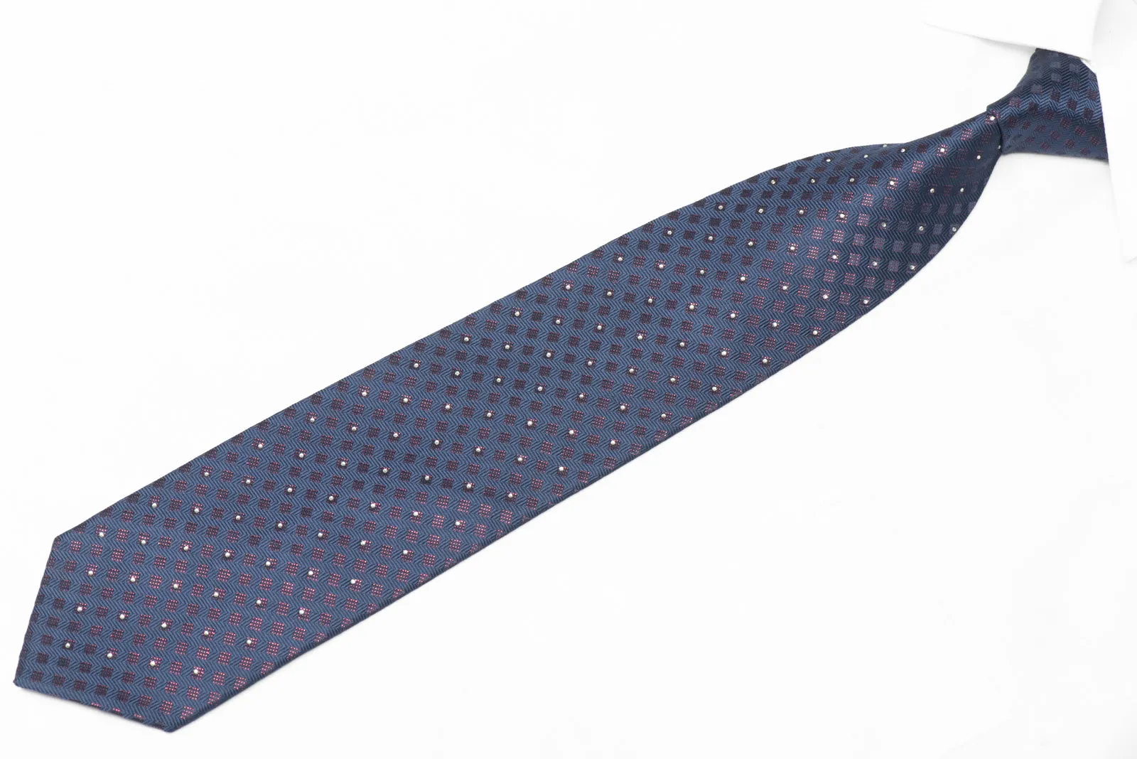Purple Sparkling Geometric Squares On Dark Blue Rhinestone Silk Necktie