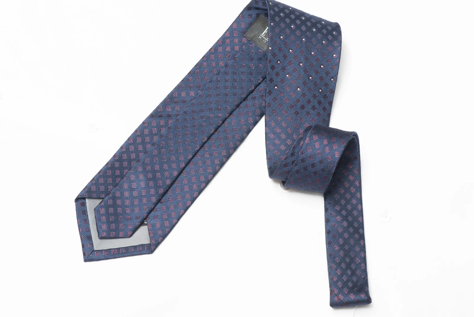 Purple Sparkling Geometric Squares On Dark Blue Rhinestone Silk Necktie
