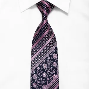 Purple Striped & Floral On Navy Rhinestone Silk Necktie With Silver Sparkles