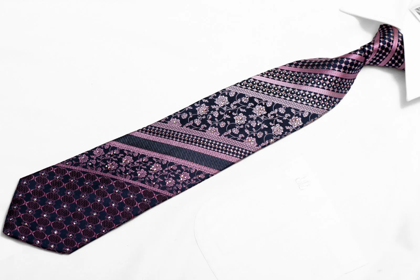 Purple Striped & Floral On Navy Rhinestone Silk Necktie With Silver Sparkles
