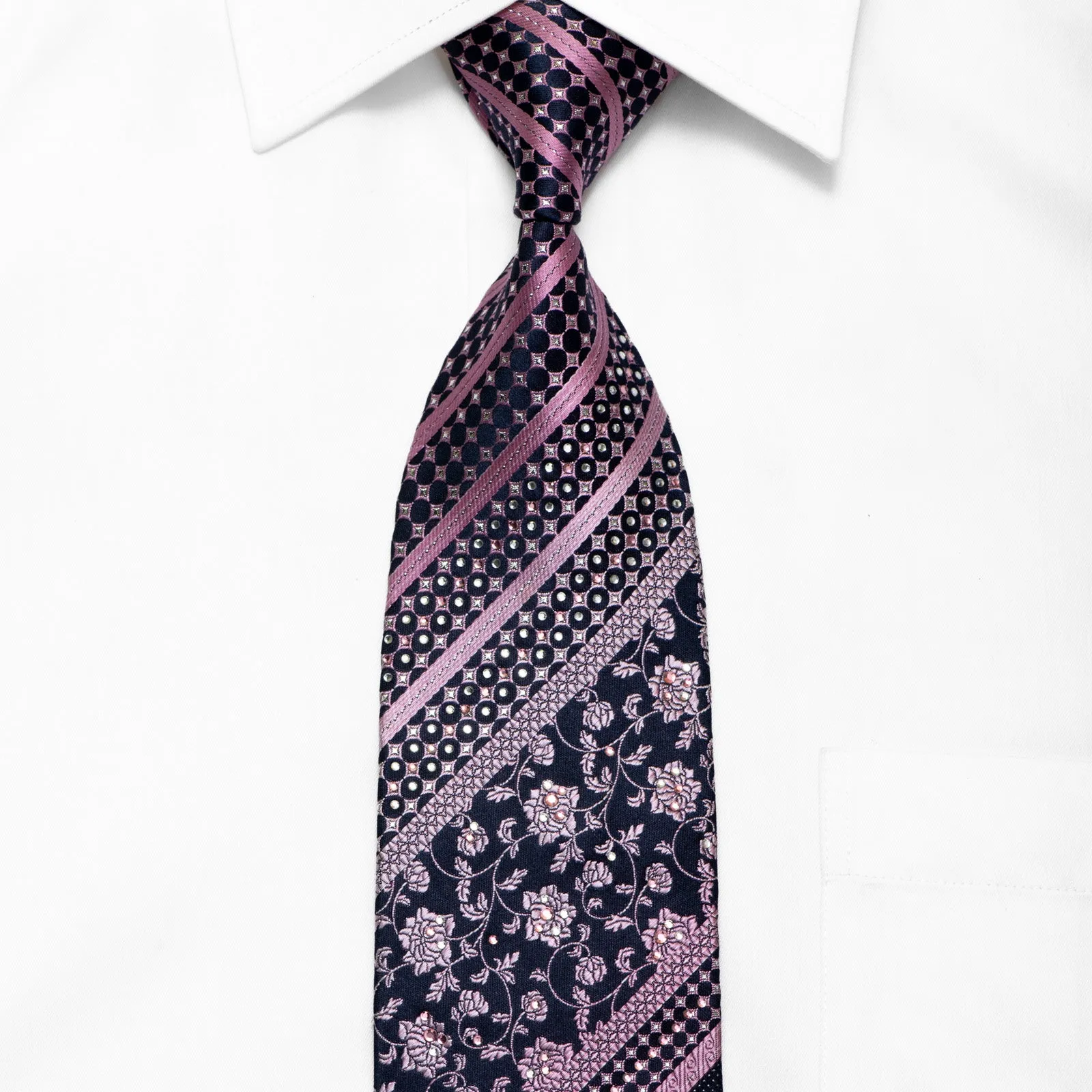 Purple Striped & Floral On Navy Rhinestone Silk Necktie With Silver Sparkles