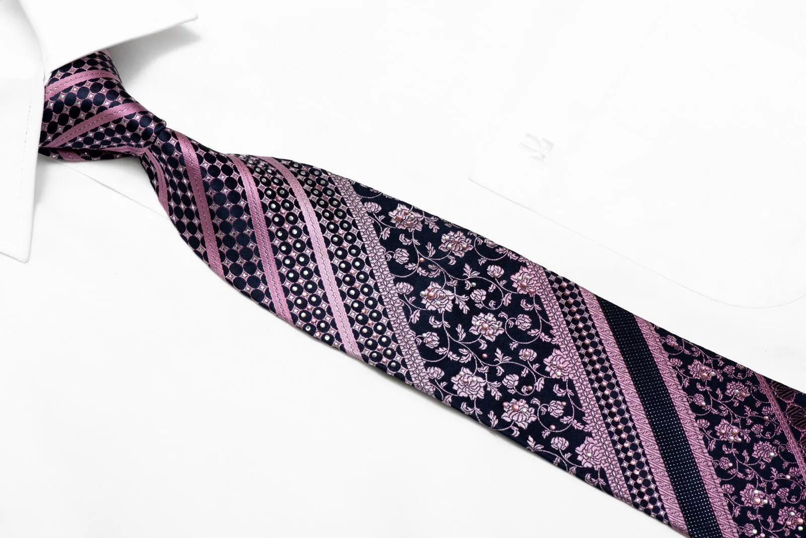 Purple Striped & Floral On Navy Rhinestone Silk Necktie With Silver Sparkles