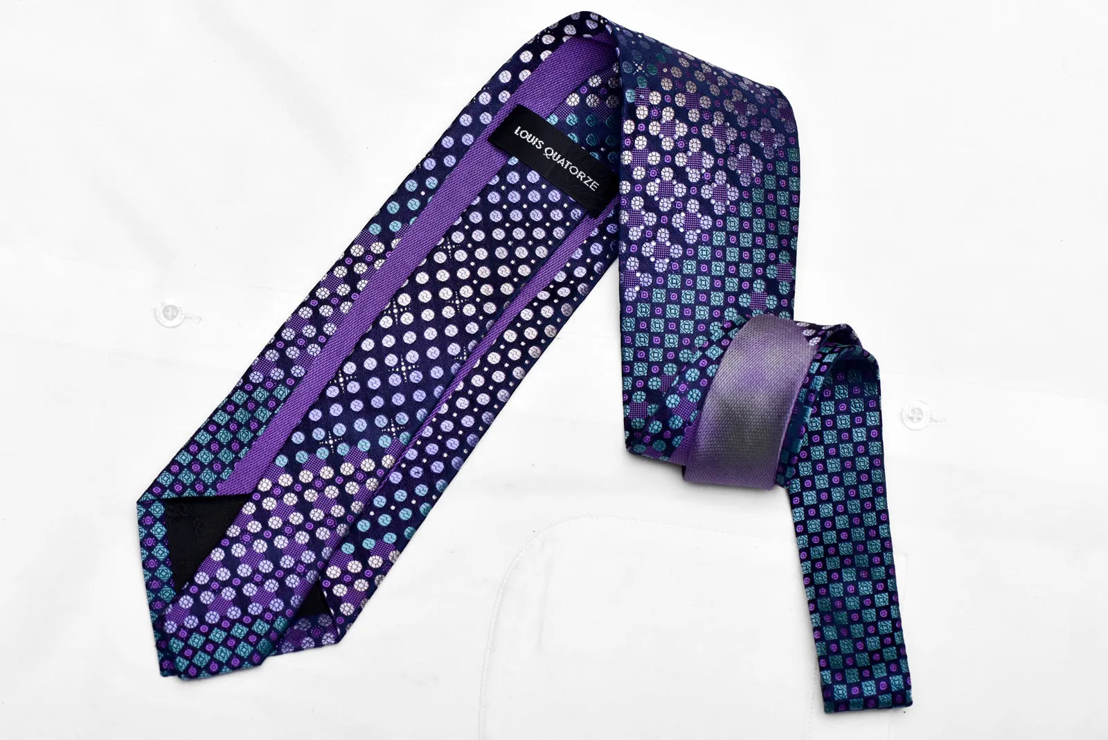 Purple Teal Geometric On Navy Rhinestone Silk Tie With Sparkles