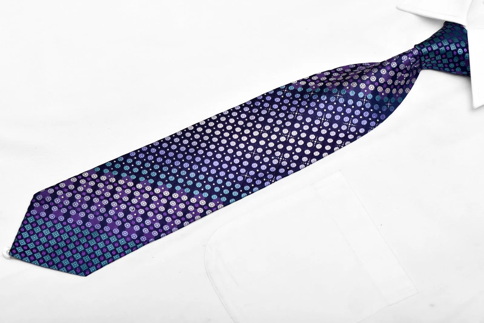 Purple Teal Geometric On Navy Rhinestone Silk Tie With Sparkles