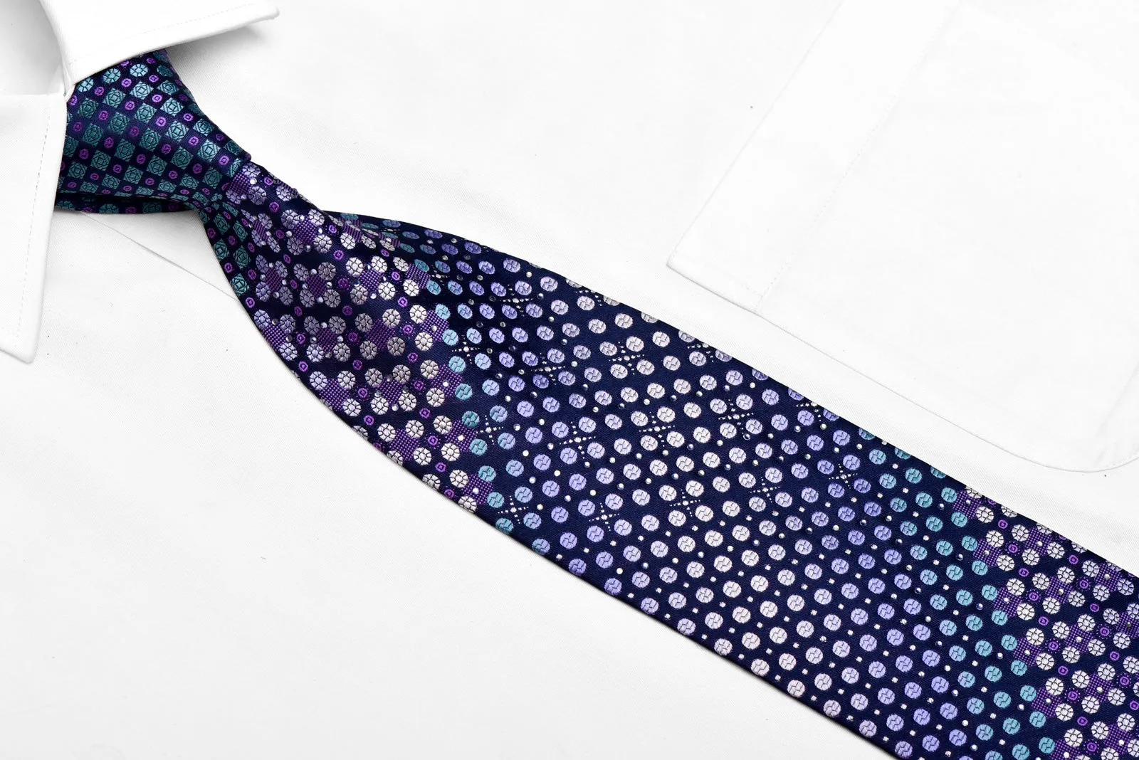 Purple Teal Geometric On Navy Rhinestone Silk Tie With Sparkles