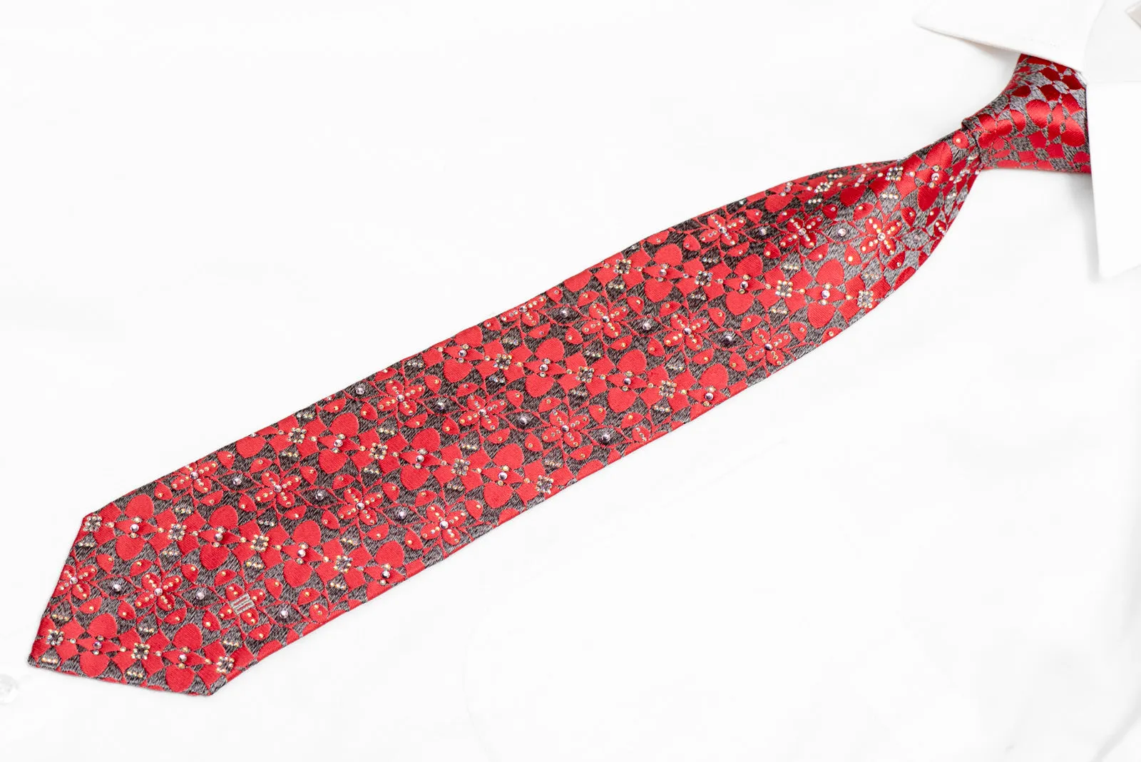 Red Geometric Floral On Silver Rhinestone Silk Necktie