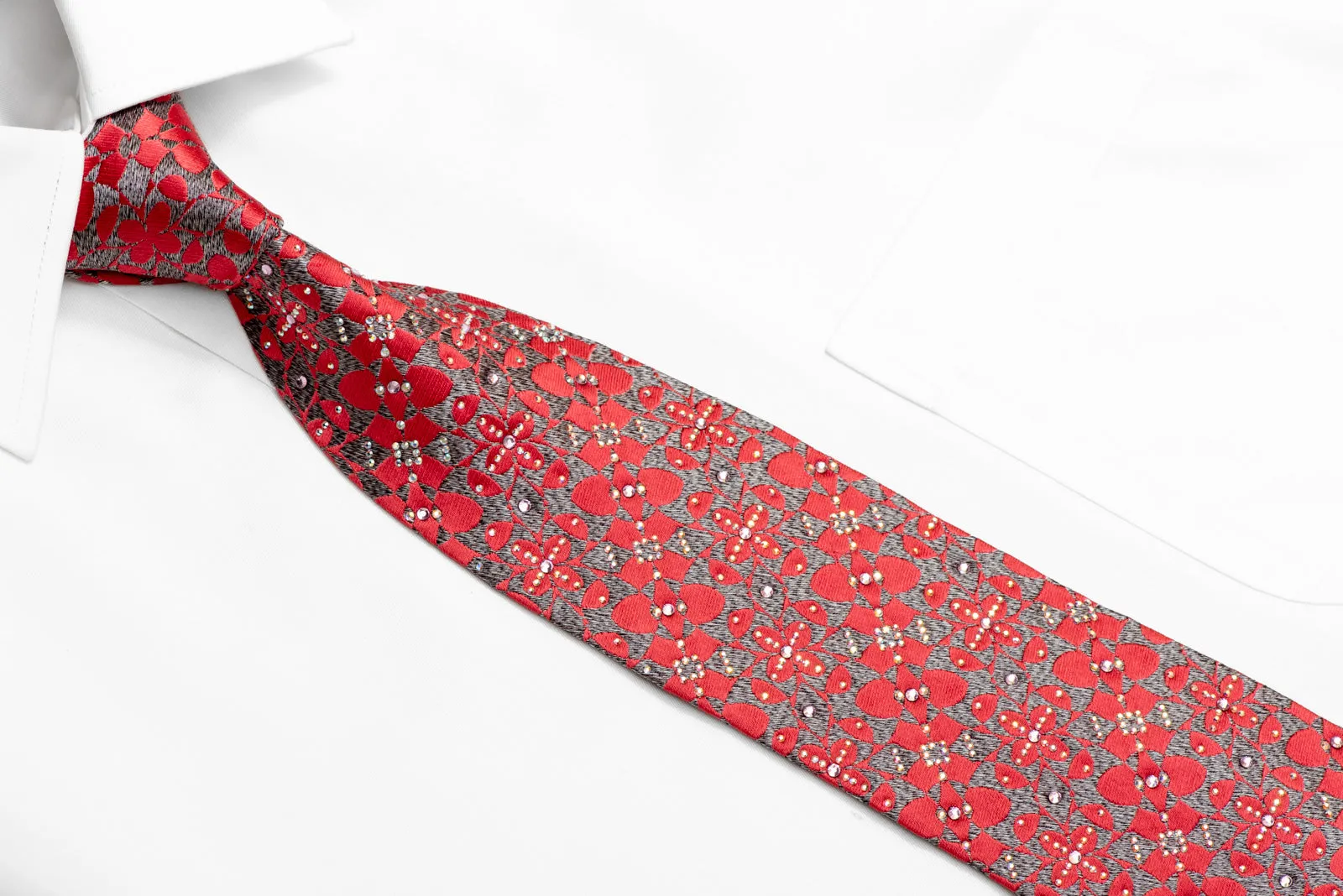 Red Geometric Floral On Silver Rhinestone Silk Necktie