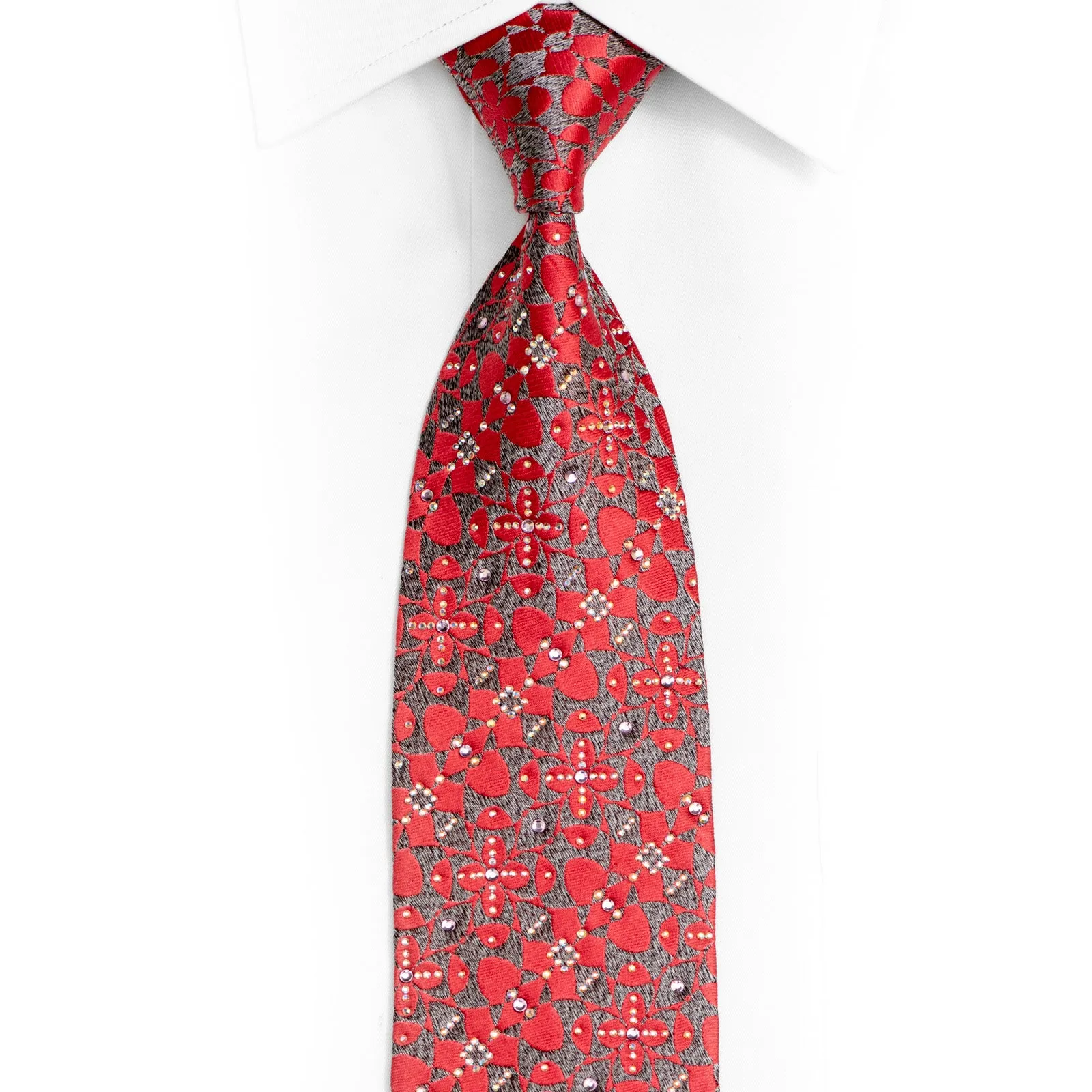 Red Geometric Floral On Silver Rhinestone Silk Necktie