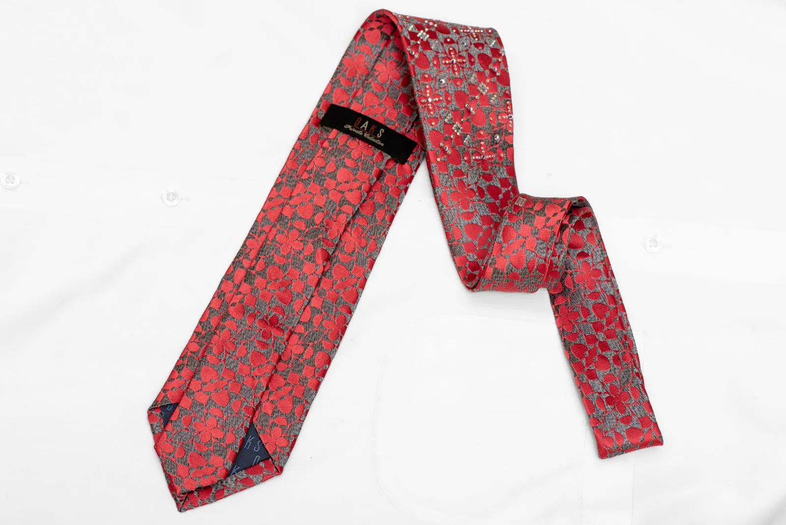 Red Geometric Floral On Silver Rhinestone Silk Necktie
