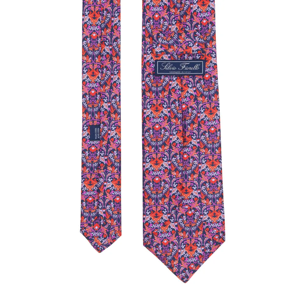 Red Purple and Blue Medieval Garden Duchesse Silk Tie