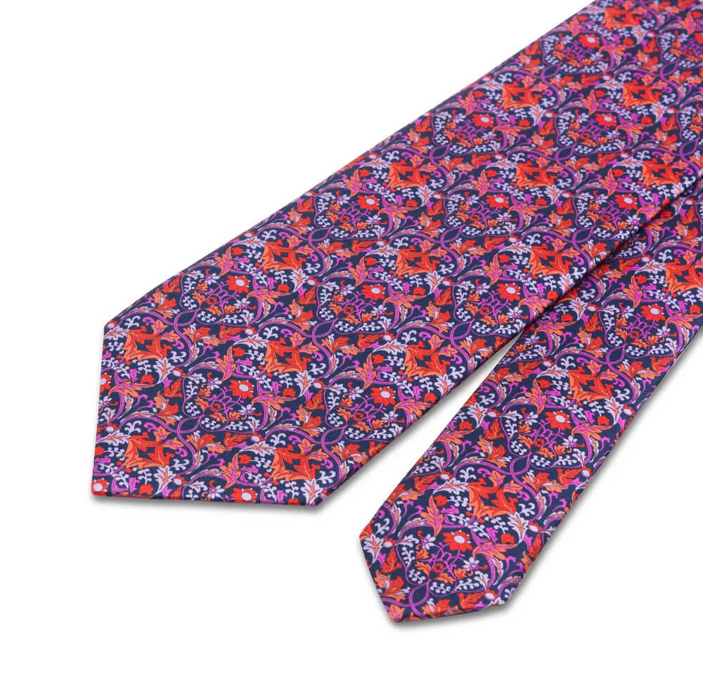 Red Purple and Blue Medieval Garden Duchesse Silk Tie