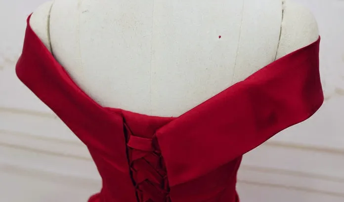 Red Satin Off Shoulder Handmade Long Formal Dress, Handmade Red Formal Gown