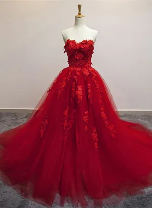 Red Sweetheart Tulle with Applique Party Dress , Tulle Formal Gowns