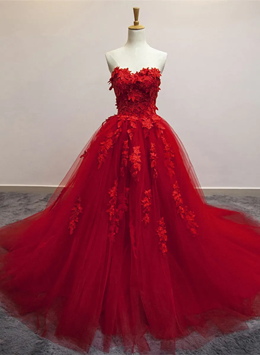 Red Sweetheart Tulle with Applique Party Dress , Tulle Formal Gowns