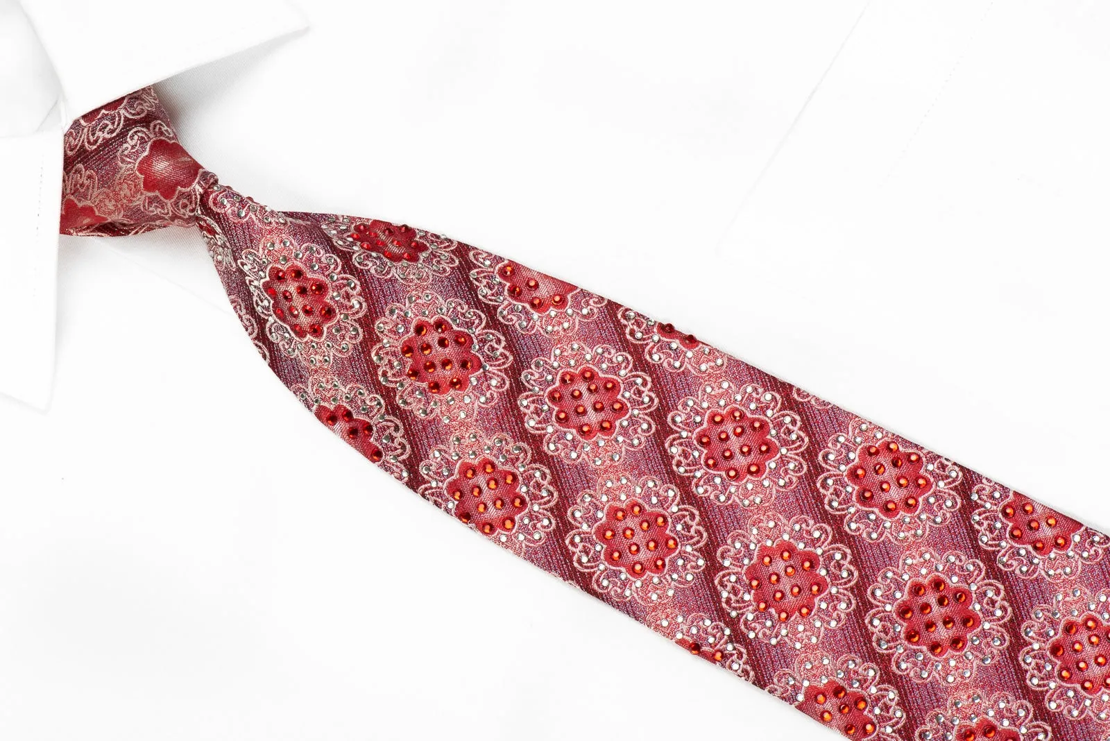 Remizio Men's Crystal Silk Necktie Medallions On Burgundy Sparkling With Rhinestones