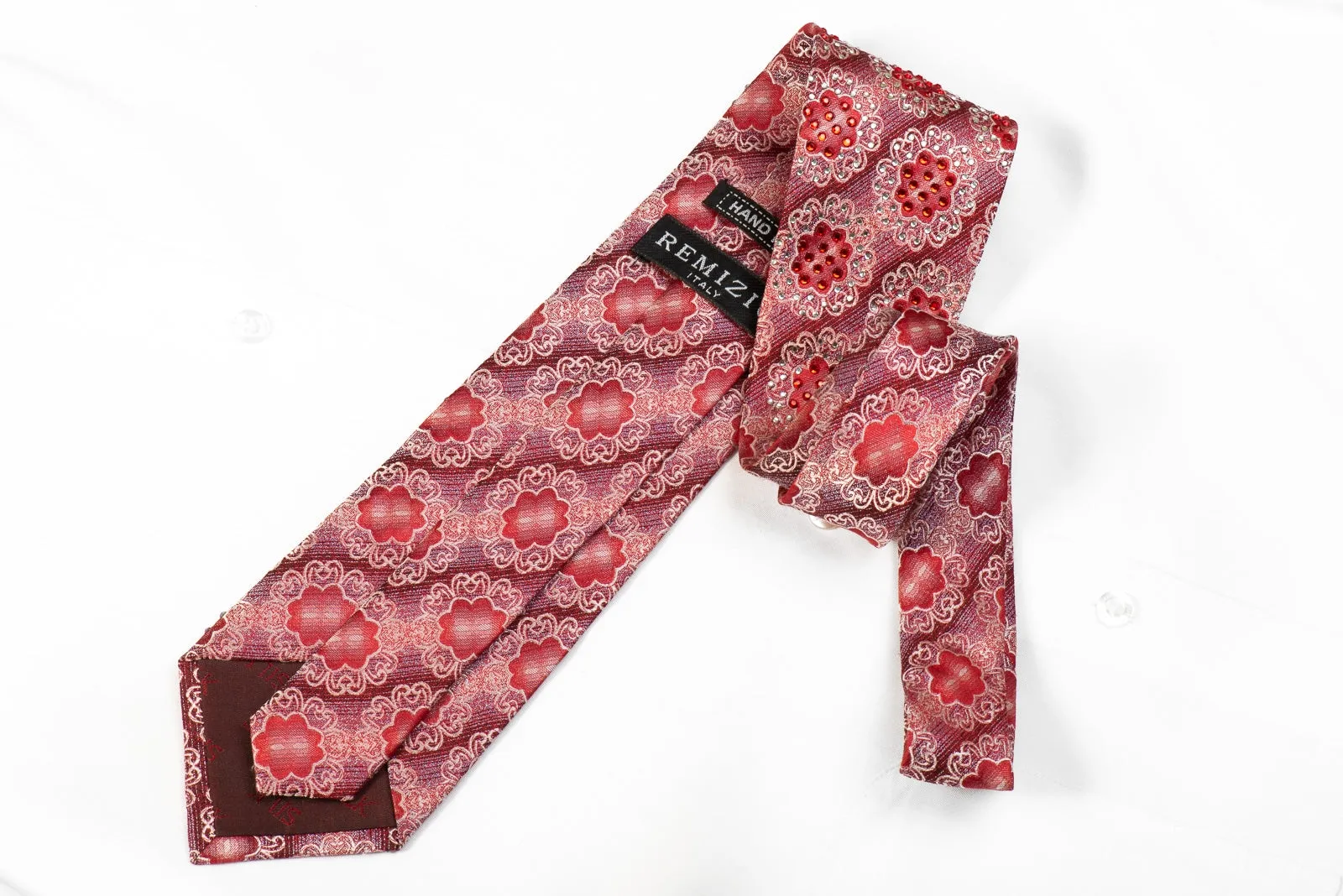 Remizio Men's Crystal Silk Necktie Medallions On Burgundy Sparkling With Rhinestones
