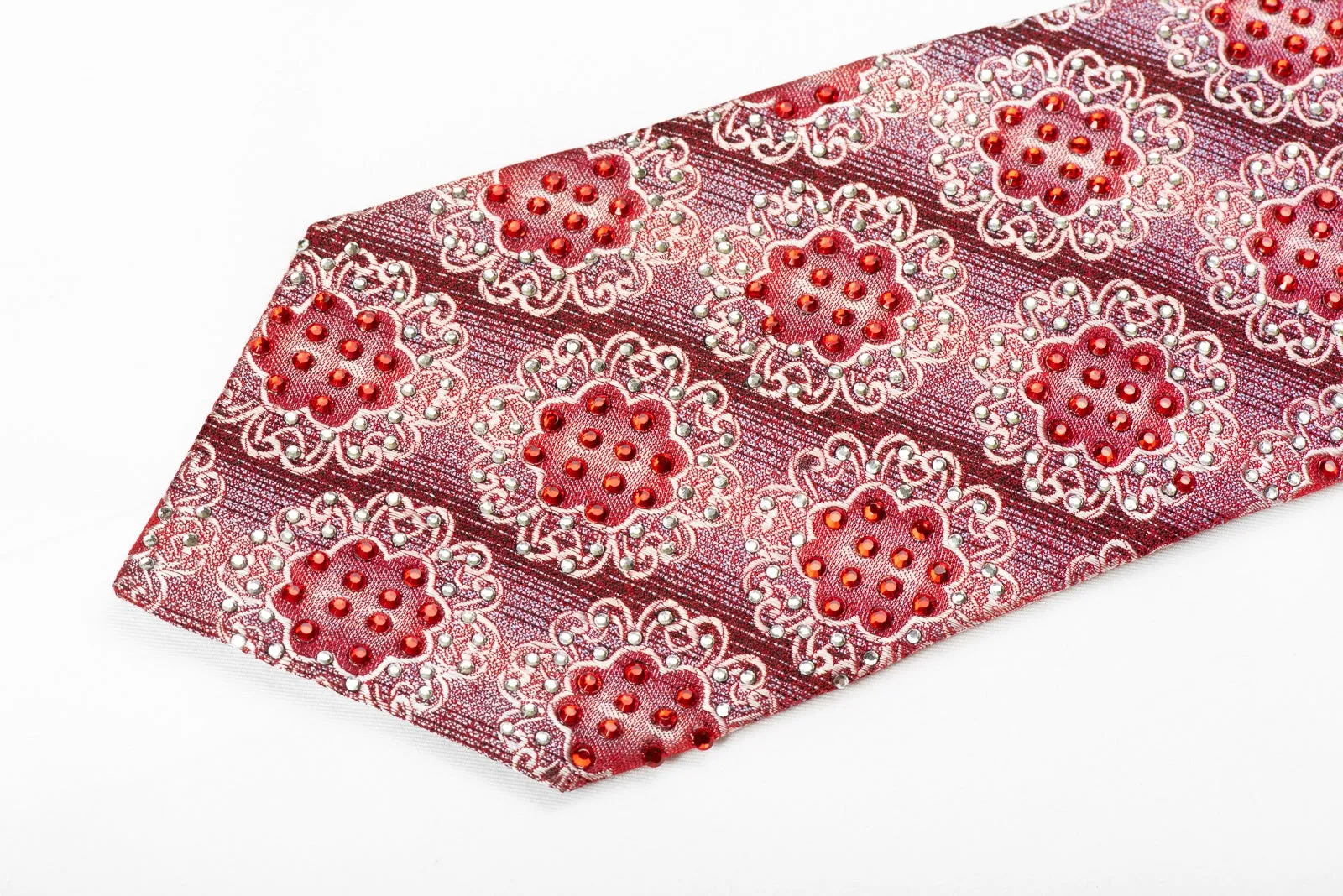 Remizio Men's Crystal Silk Necktie Medallions On Burgundy Sparkling With Rhinestones