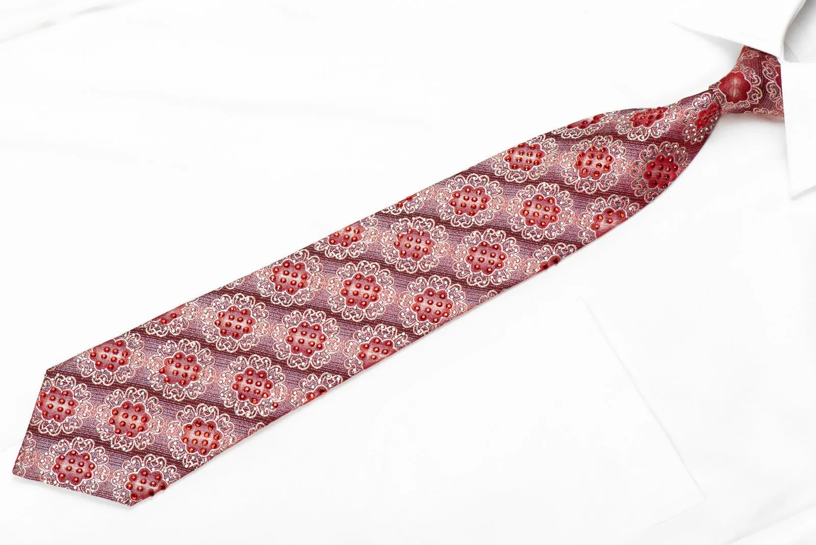 Remizio Men's Crystal Silk Necktie Medallions On Burgundy Sparkling With Rhinestones