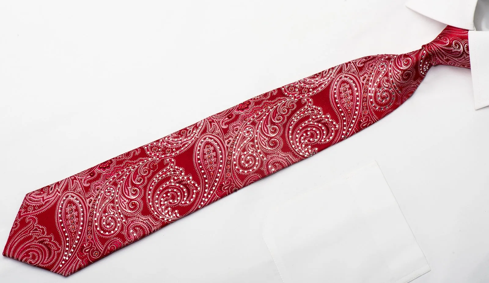 Remizio Men's Silk Tie Paisley On Red Sparkling With Rhinestones