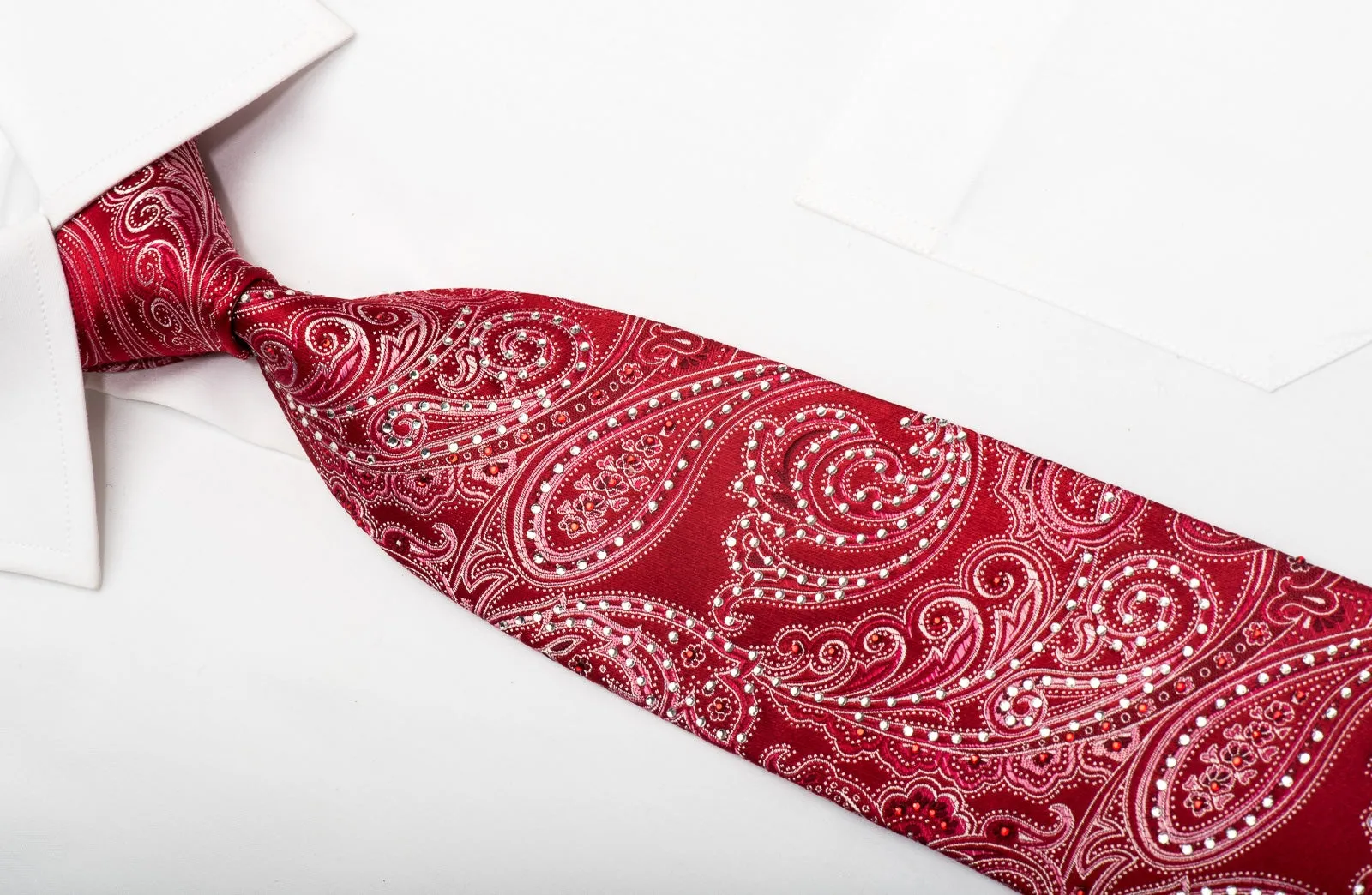 Remizio Men's Silk Tie Paisley On Red Sparkling With Rhinestones