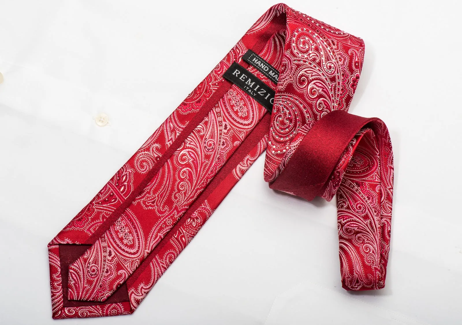 Remizio Men's Silk Tie Paisley On Red Sparkling With Rhinestones