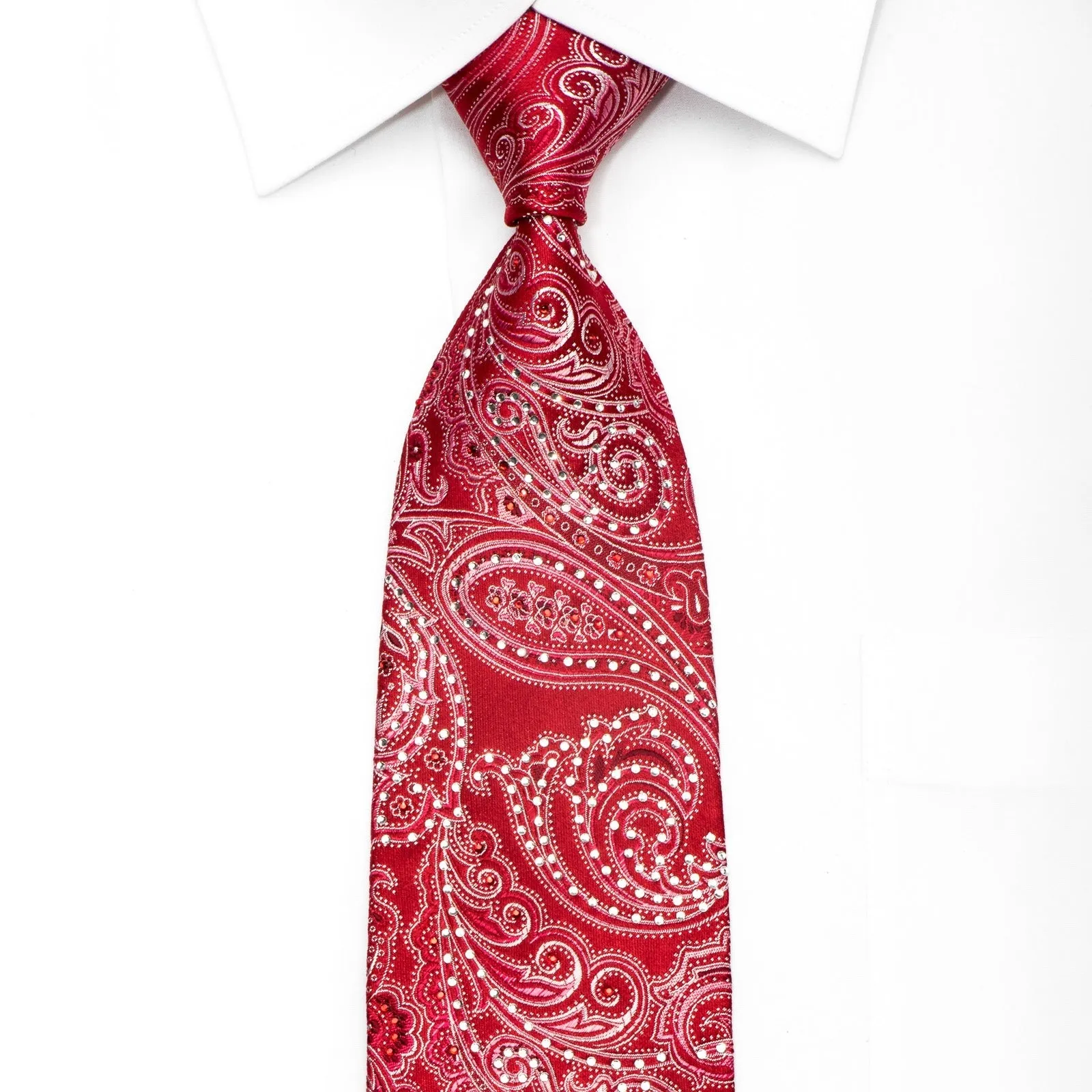 Remizio Men's Silk Tie Paisley On Red Sparkling With Rhinestones