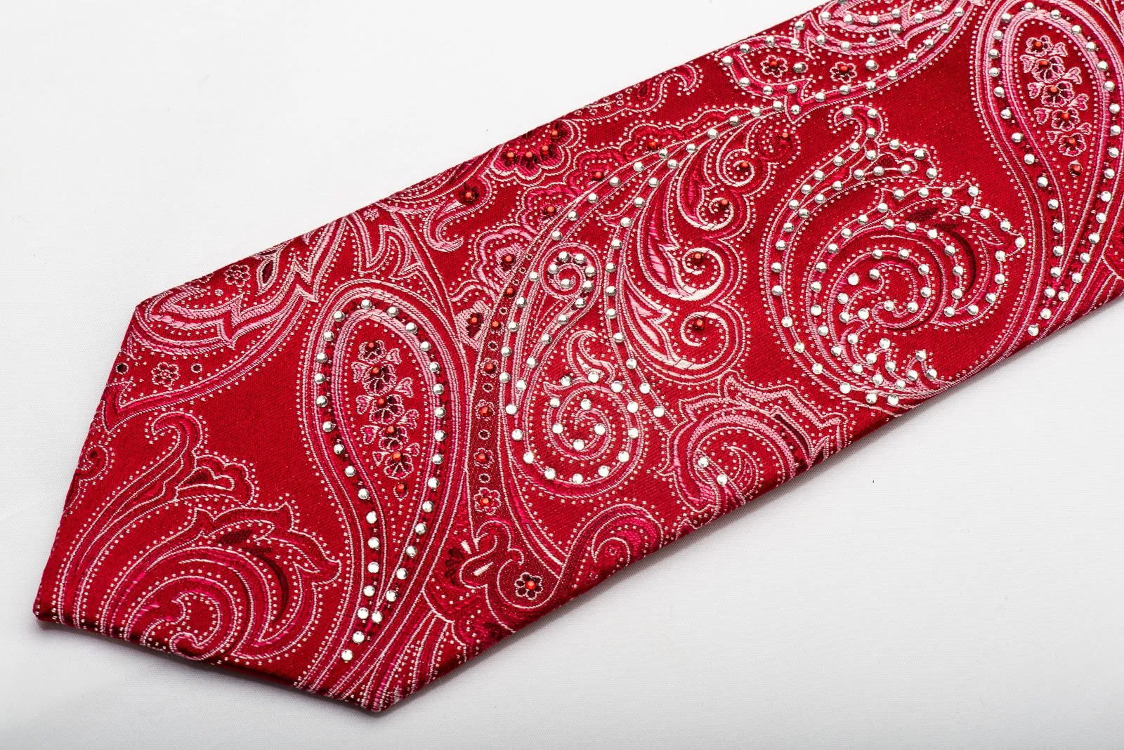 Remizio Men's Silk Tie Paisley On Red Sparkling With Rhinestones