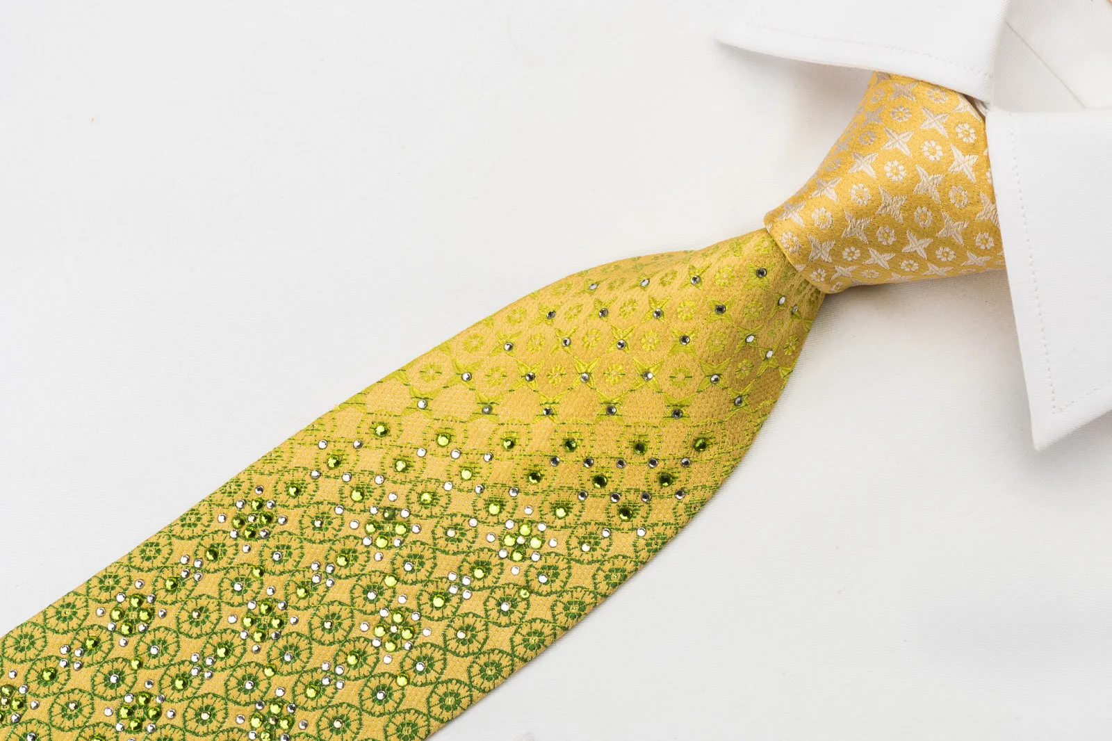 Remizio Rhinestone Necktie Green Checker Foulard On Yellow With Silver Sparkles