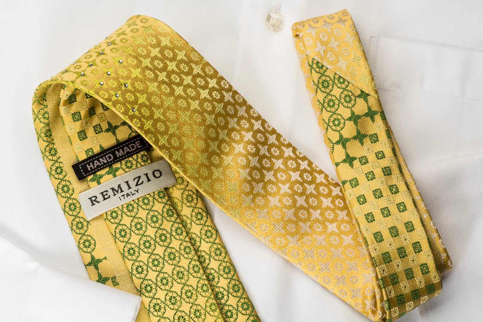 Remizio Rhinestone Necktie Green Checker Foulard On Yellow With Silver Sparkles
