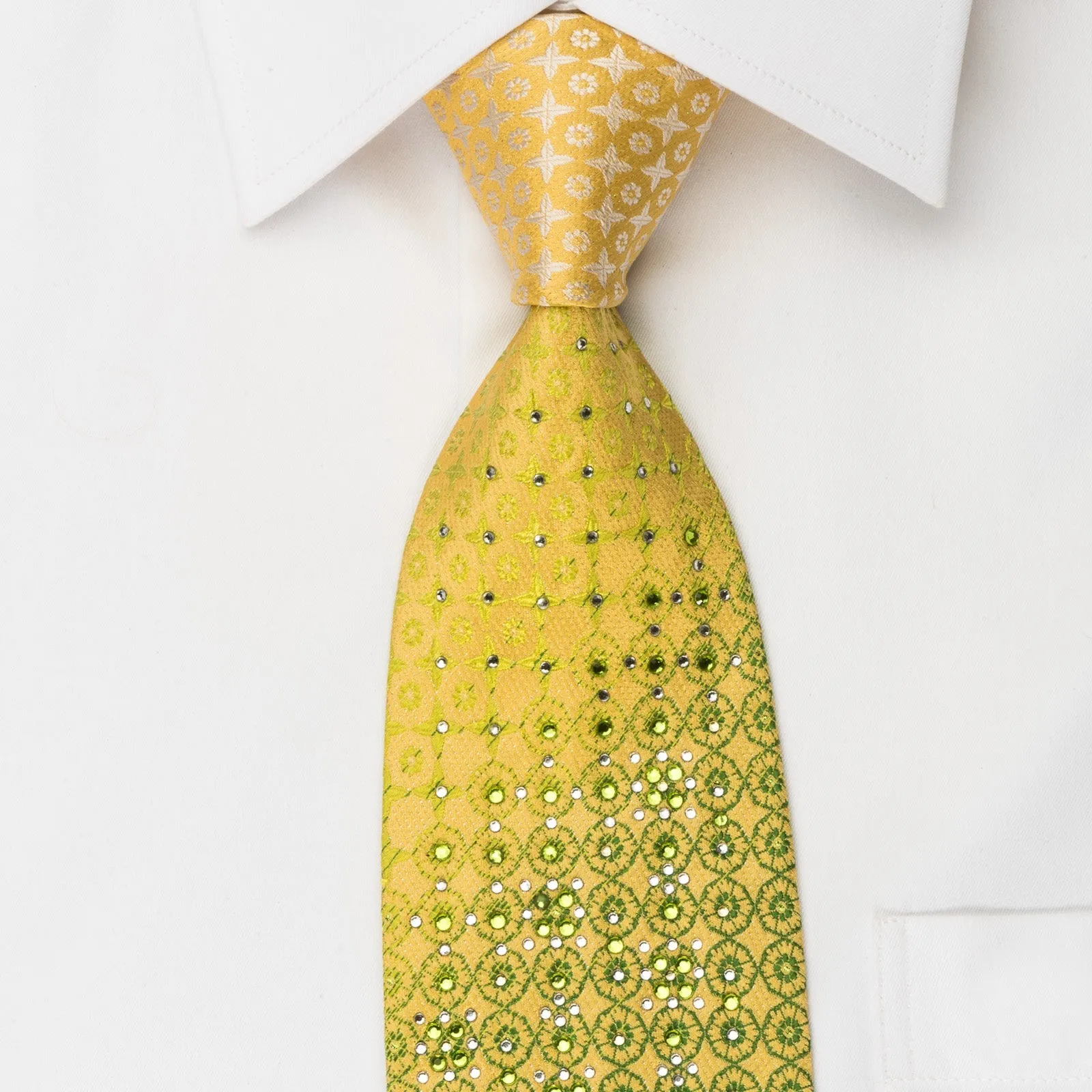 Remizio Rhinestone Necktie Green Checker Foulard On Yellow With Silver Sparkles