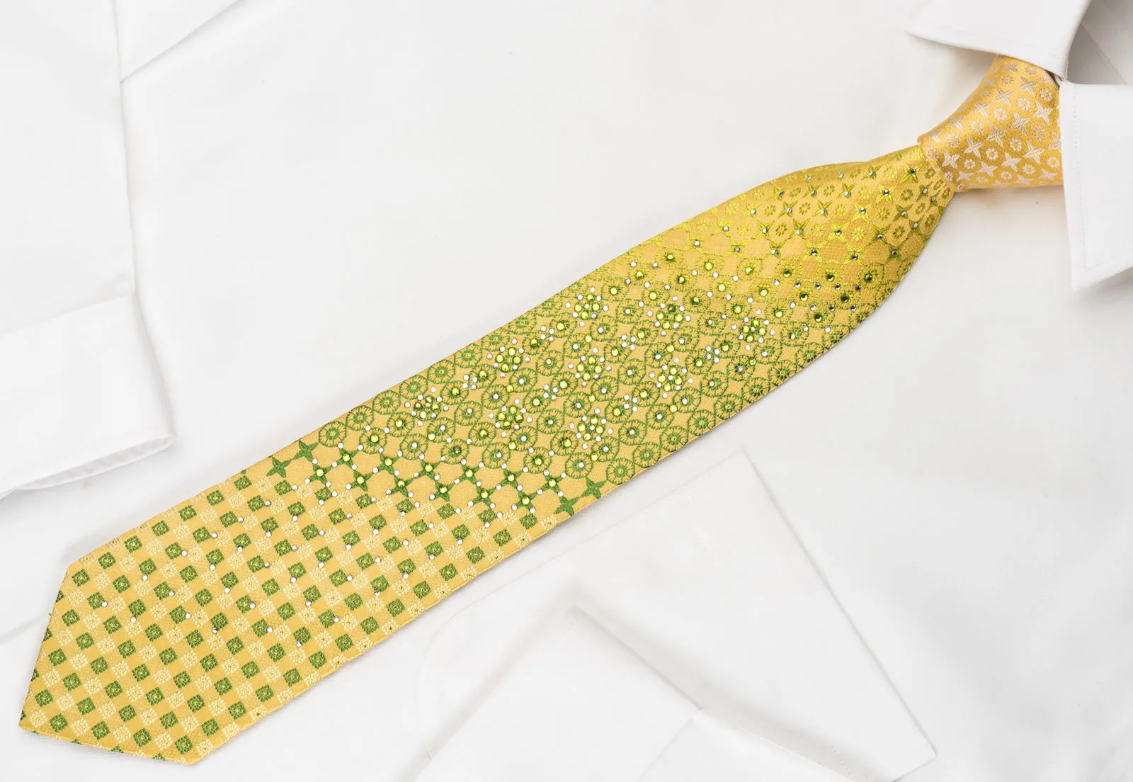 Remizio Rhinestone Necktie Green Checker Foulard On Yellow With Silver Sparkles