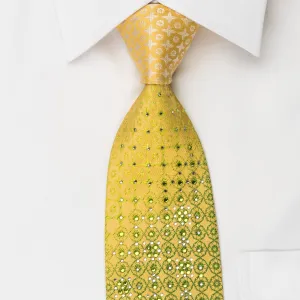 Remizio Rhinestone Necktie Green Checker Foulard On Yellow With Silver Sparkles