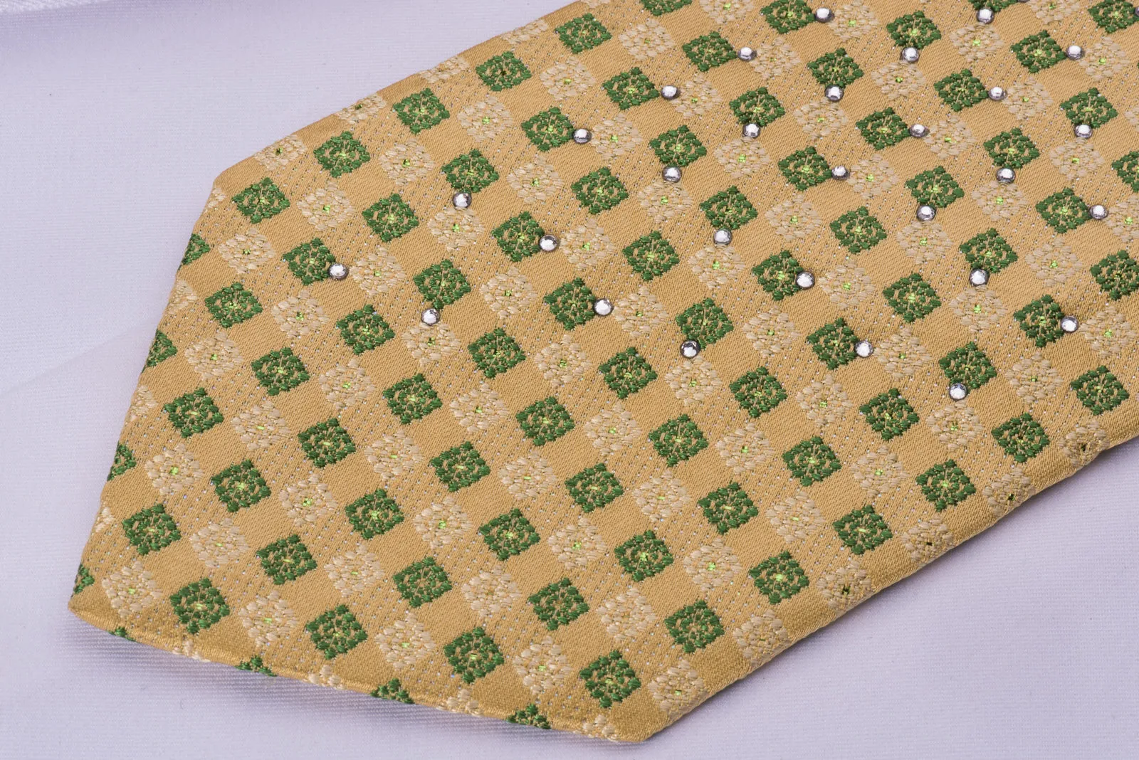 Remizio Rhinestone Necktie Green Checker Foulard On Yellow With Silver Sparkles