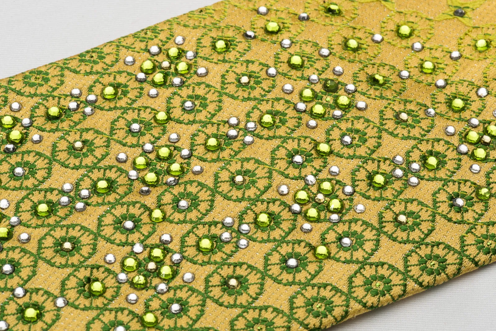 Remizio Rhinestone Necktie Green Checker Foulard On Yellow With Silver Sparkles