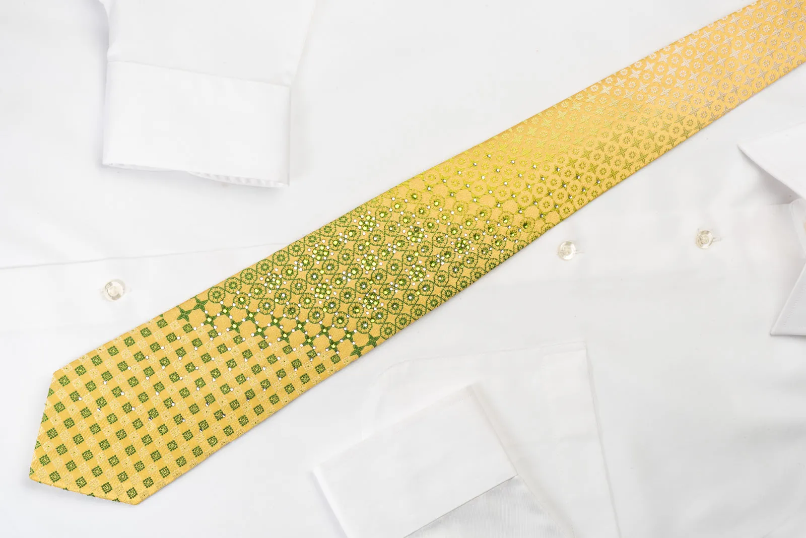 Remizio Rhinestone Necktie Green Checker Foulard On Yellow With Silver Sparkles