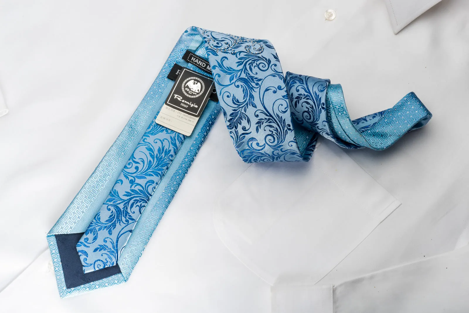 Remizio Rhinestone Silk Necktie Vines & Scrolls On Blue With Silver Sparkles
